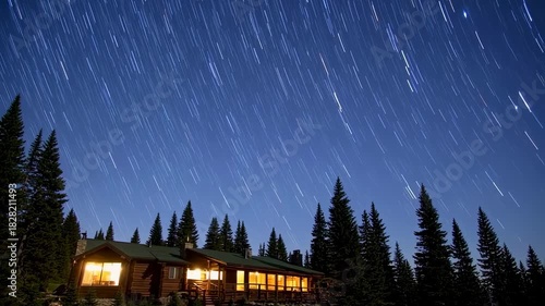 Captivating time lapse of star trails over cozy log cabin in a forest at night