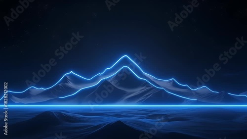 A mesmerizing illustration of a mountain range illuminated by blue neon lights, capturing scenic views