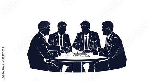 Four business-suited men silhouetted around a table, actively discussing documents and ideas