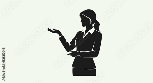 Black silhouette of a professional woman with a ponytail, gesturing with open hand against a plain background