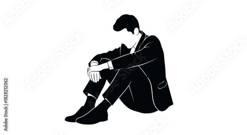 Black and white minimalist illustration of a sad man in a suit, sitting alone, hugging knees