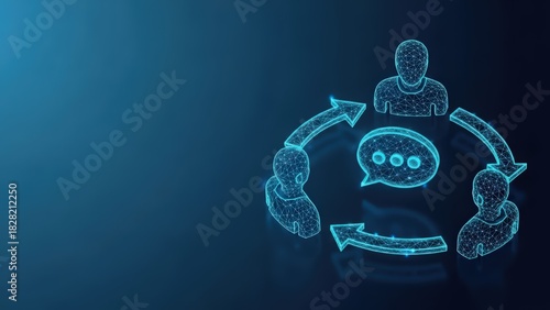 Digital illustration of people communicating and collaborating in a connected network with glowing blue lines