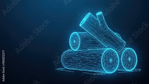 Fototapeta Naklejka Na Ścianę i Meble -  Digital logs rendered in a futuristic wireframe style with glowing blue connections on a dark background