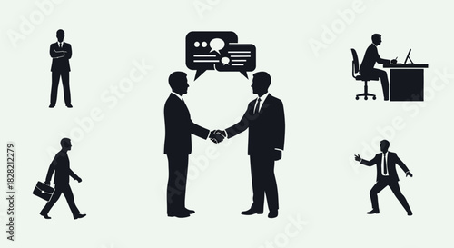 Silhouettes of businessmen in various poses on a light background