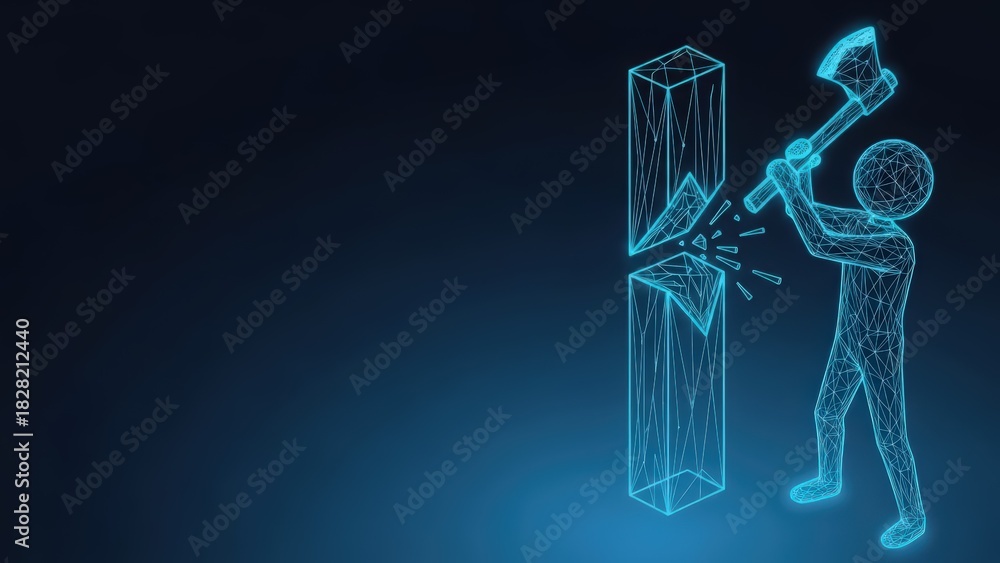 Obraz premium Wireframe structure shattering from a sharp impact