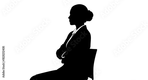 Silhouette of a woman in business attire, seated with arms crossed, profile view
