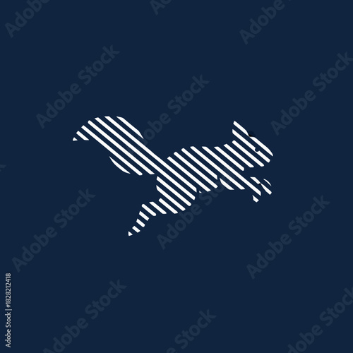 A minimalist graphic logo of a leaping squirrel made of white diagonal stripes on a dark blue background.