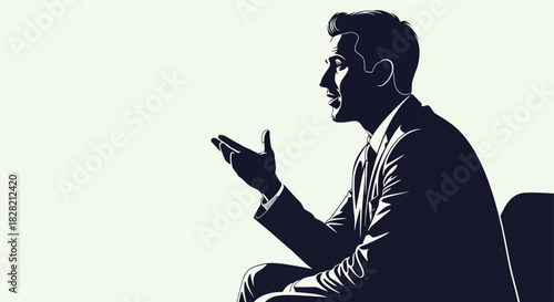 Stylized silhouette of a man in a suit speaking