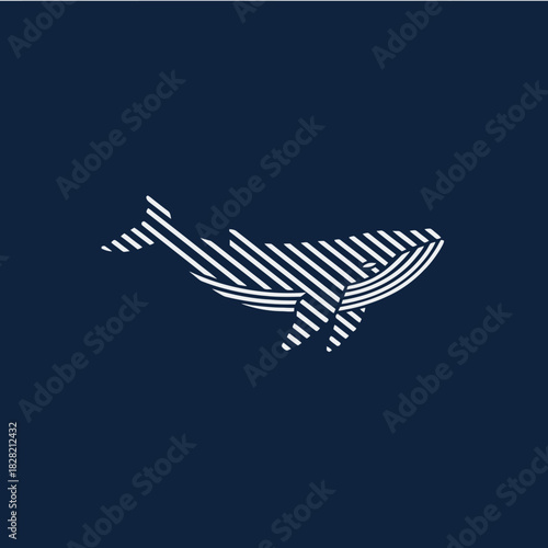 A minimalist white whale illustration with clean lines on a dark blue background, representing marine life and ocean themes.