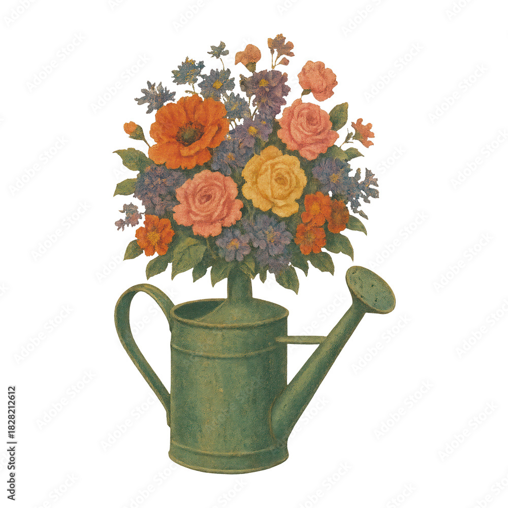 Fototapeta premium PNG Vintage floral watering can illustration.