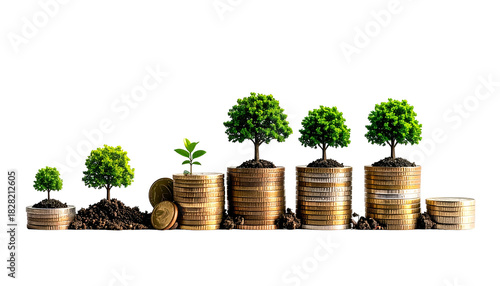 Growing trees planted in coin stacks, representing financial growth and investment