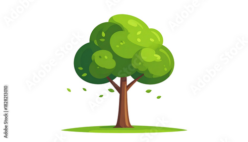 Cartoon tree with green leaves, brown trunk, on grass, and falling leaves against black