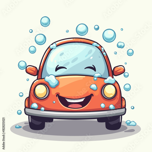 Cartoon Car Wash Happy Vehicle Being Cleaned with Bubbles