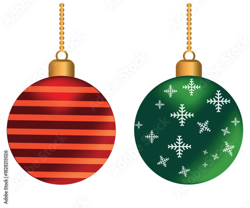Festive Red and Green Christmas Ornaments – Holiday Decoration Baubles on White Background