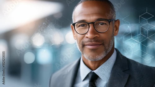 Confident mature businessman wearing glasses and a suit stands in a modern office environment, smiling warmly at the camera. Professional success and leadership are evident