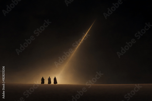 biblical scene, three wise men journeying under a warm glowing star in a traditional biblical style with cinematic depth