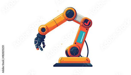 Cartoon robotic arm, orange and gray, with a small hand and a checkmark