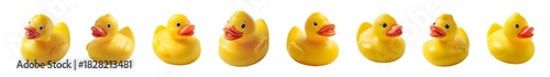 A row of yellow rubber ducks lined up against a white background.