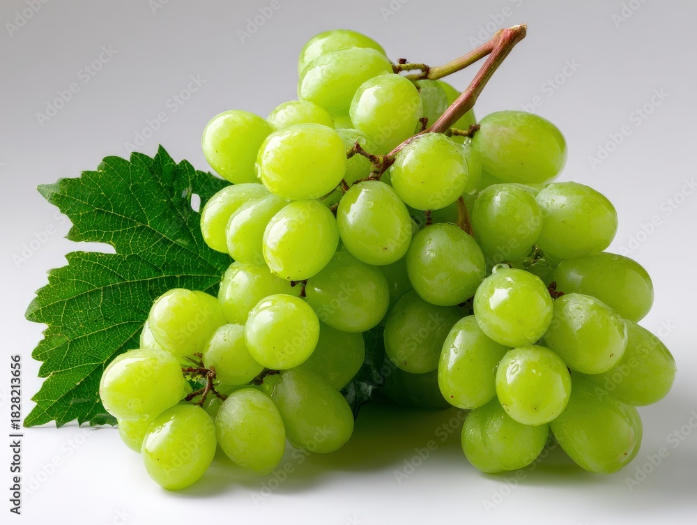 Fototapeta premium A bunch of green grapes sits beside a green leaf on a light gray surface
