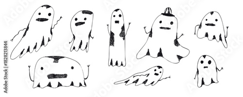 Pencils drawing outline sketch creepy Halloween Party ghost elements. Set of hand drawn monsters for greeting cards design, stickers, banners decor, autumn holiday flyer