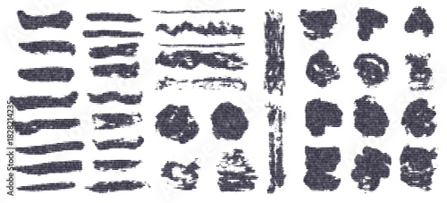 Grunge abstract set of black halftone lines pattern textured round shapes and brush strokes. Vector glitch paintbrush silhouette elements with stipple grain texture for graphic design