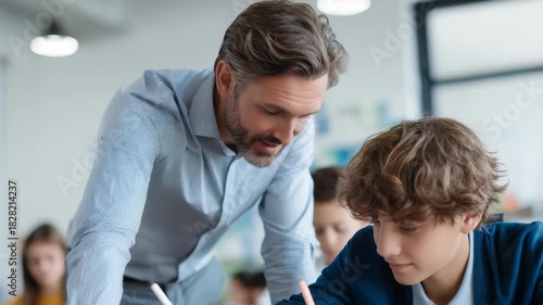 Male teacher attentively helps a teenage student with classwork in a modern classroom setting. Focused learning and mentorship create a positive educational atmosphere