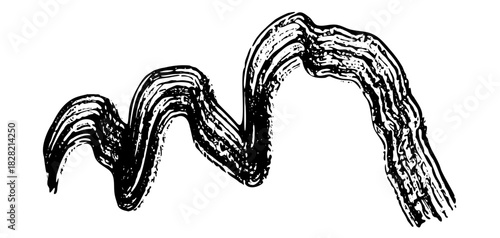 Grunge textured vector black ink paint brush stroke wave. Abstract wavy curve isolated dark line pattern paintbrush for texture design, abstract sound sign, striped mascara, mountain