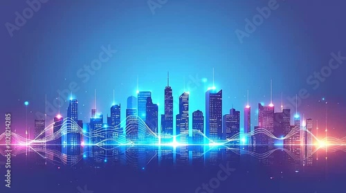 Vibrant futuristic cityscape with glowing data lines and network connections, symbolizing smart city technology, global communication, and innovation.