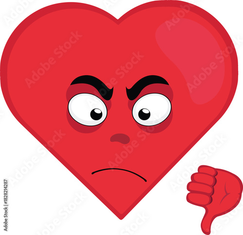 vector illustration emoticon character heart cartoon, with thumb pointing down in concept of not approved or no like