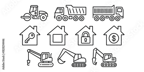A collection of construction vehicles and house icons in a line art style design