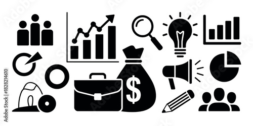 A collection of business and finance related icons in black and white illustration