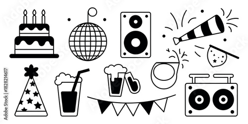 A black and white vector illustration of party elements including cake and speaker