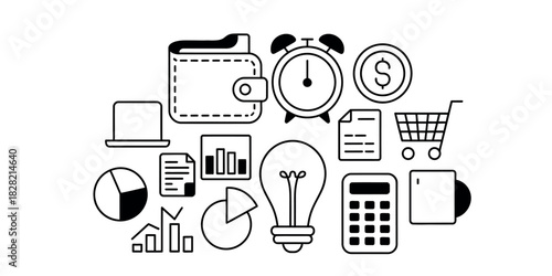 Illustration of financial and business icons including wallet clock and shopping cart