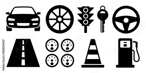 Black and white vector illustration of car related objects including car and road