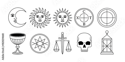 A collection of ten black and white line art drawings of mystical symbols and objects