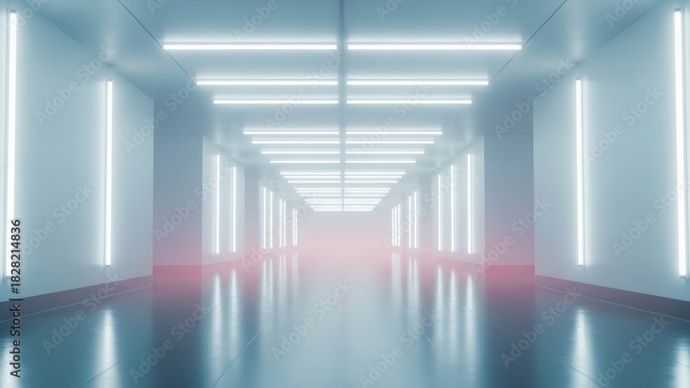 Fototapeta premium High-Key Liminal Space: Futuristic Symmetrical Corridor with White Neon Lights