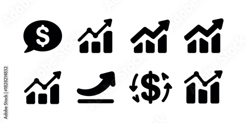 Illustration of financial growth icons including graphs and dollar symbols in black
