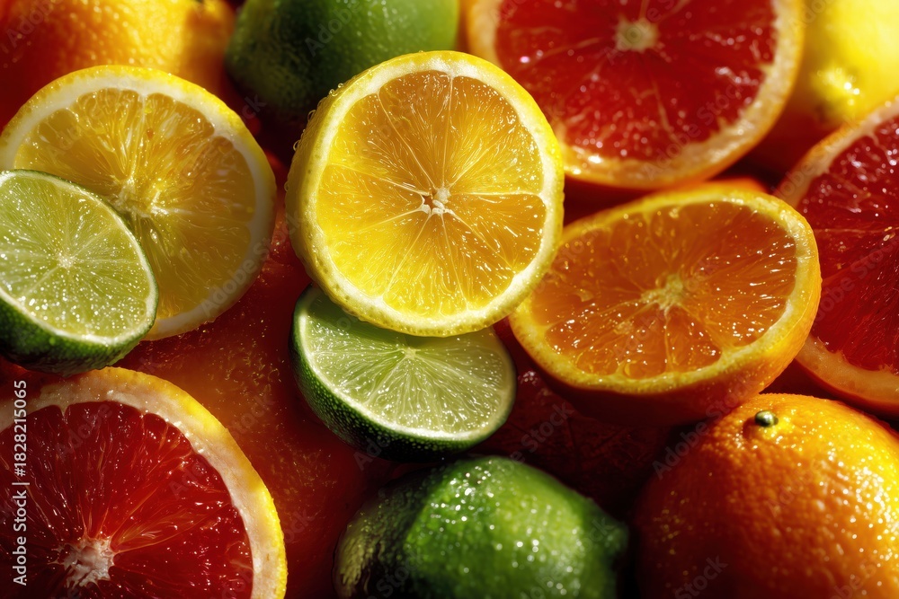Fototapeta premium A wall of vibrant, rough-skinned citrus fruits (oranges, lemons, limes), some cut open to reveal juicy pulp
