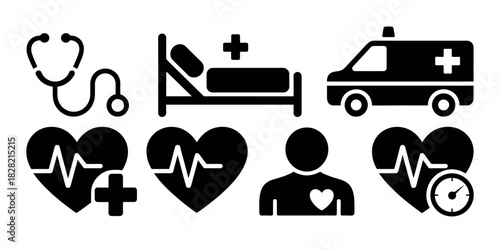 Black and white medical icons featuring stethoscope bed ambulance and heart rate monitors