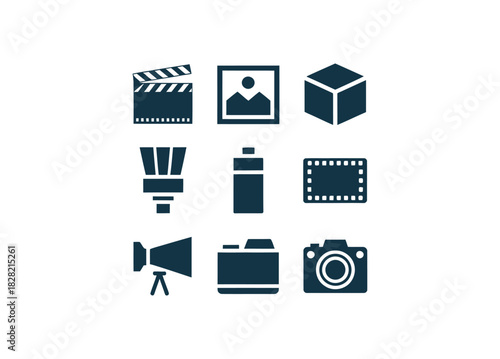 A collection of dark blue icons representing film making and creative professions tools
