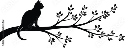 Elegant Black Silhouette Vector Illustration of a Cat Sitting on a Tree Branch with Leaves, Perfect for Pet, Nature, Halloween, and Decorative Wall Decal Design.