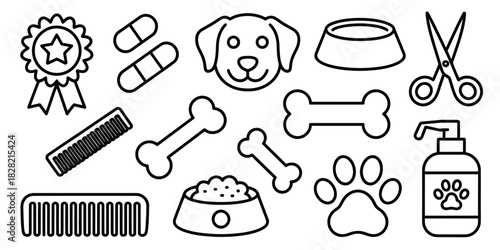 Line art illustration of dog related items including grooming supplies and dog treats