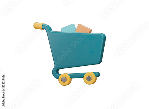 Teal 3D Shopping Cart Icon with Yellow Accents Filled with Light Blue and Tan Boxes Isolated on Transparent Background