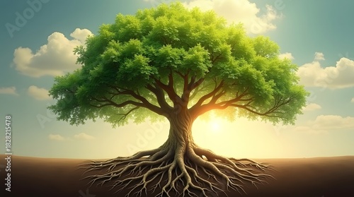Magnificent tree with exposed roots under a glowing sky, symbolizing growth and strength