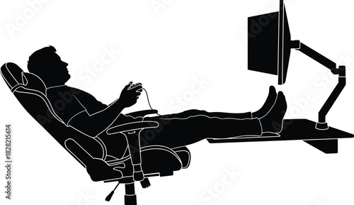 Man Relaxing Gaming Chair Controller Screen Feet Up Ergonomic Setup Leisure Digital Entertainment Video Game Lifestyle Comfort Black Silhouette Isolated Vector Illustration