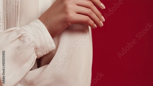 Wallpaper Mural A woman's delicate hand reaches outward, showcasing perfectly manicured nails against a rich red background. The soft white fabric of her sleeve flows gracefully, enhancing her ele Torontodigital.ca