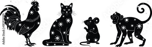Black Animal Silhouettes with Virus Symbols: Rooster, Cat, Mouse, and Monkey Design Representing Zoonotic Disease or Pandemic Outbreak,