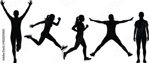 Female Athlete Silhouette Set: Running, Jumping, Arms Raised in Victory, and Standing Still Representing Fitness, Sport, and Active Lifestyle,