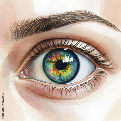 Detailed Close-up of a Vibrant Rainbow Eye in Watercolor Style