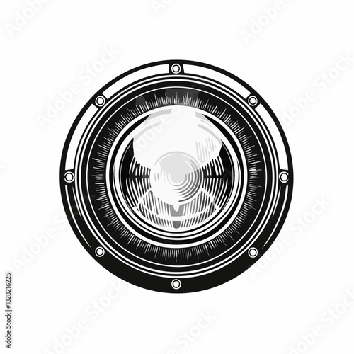 Detailed vector illustration of a round headlight design with concentric circles and rivets